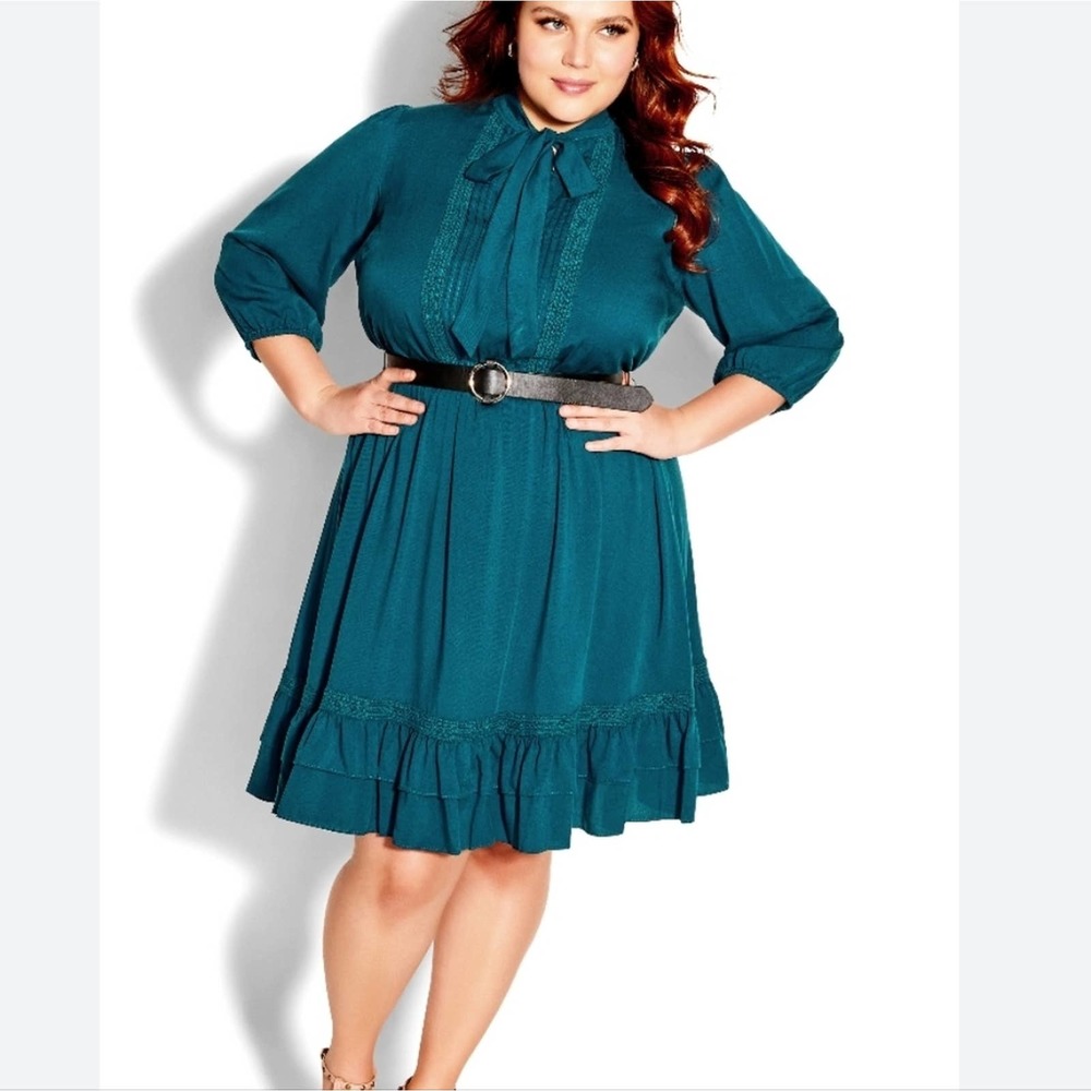 City CHIC Precious Tie Dress in Petrol boho long sleeve ruffle prairie dress 20